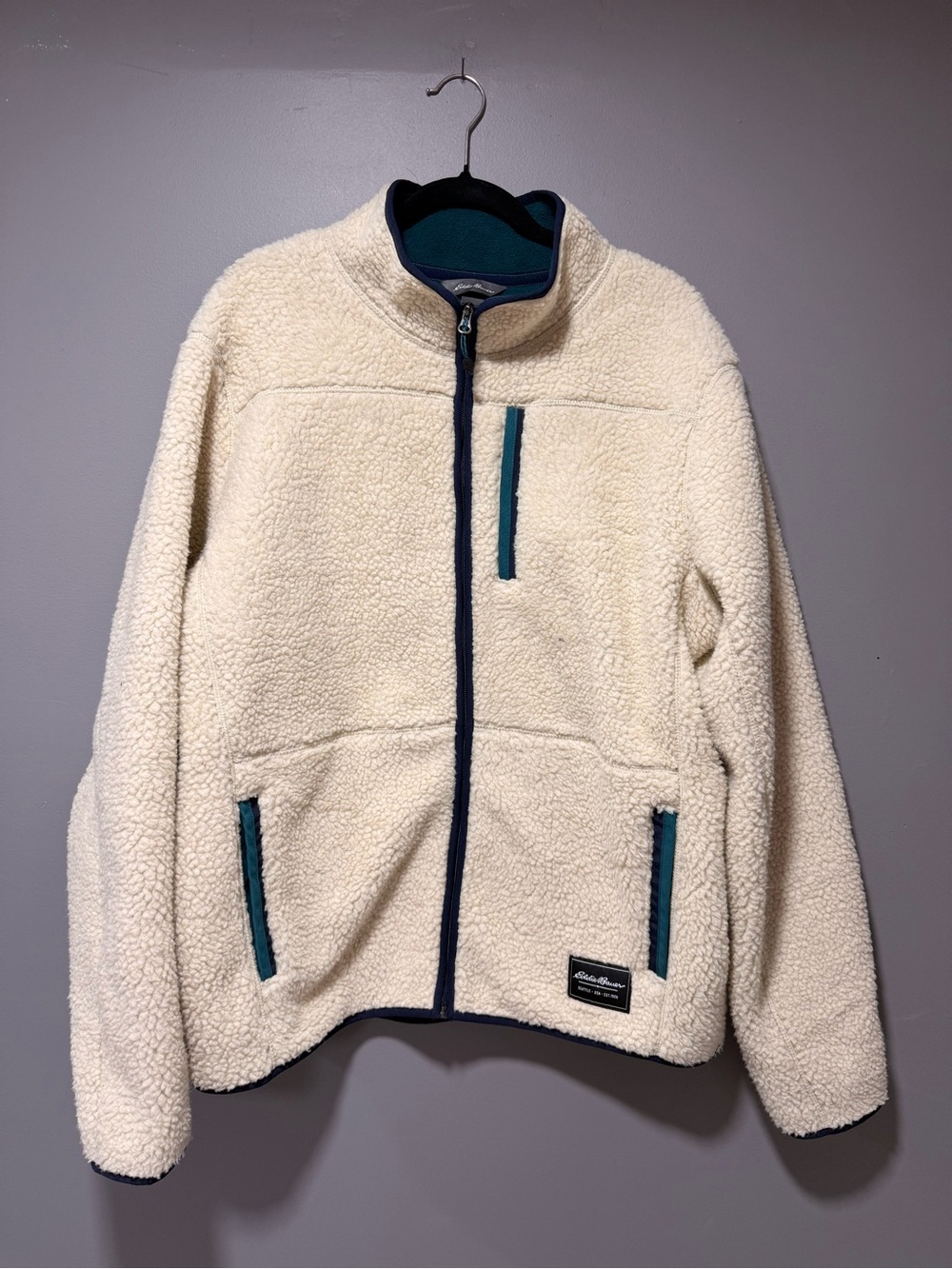 Eddie Bauer Cream Sherpa Jacket with Teal Trim